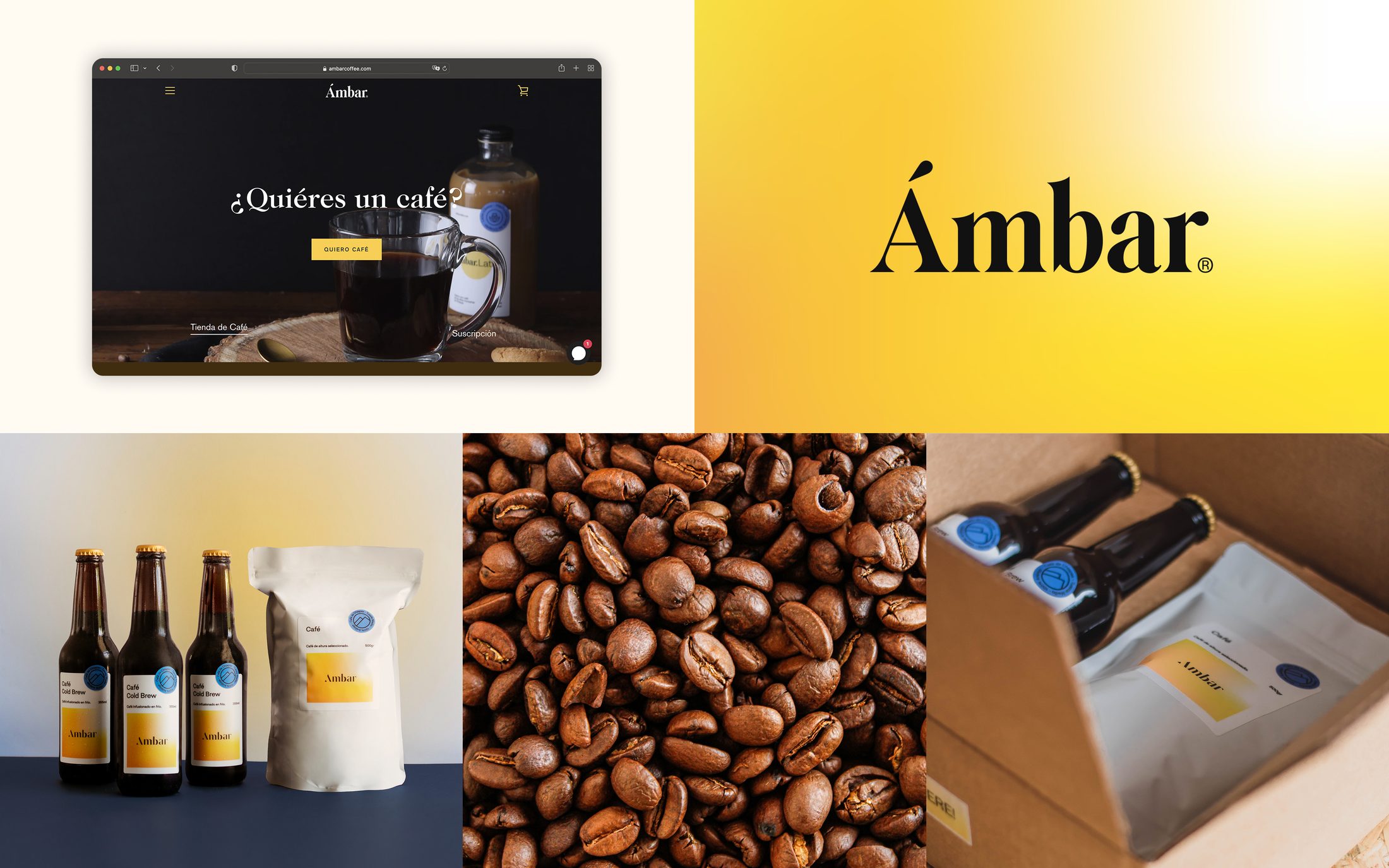 Ámbar as one system — the online store asking '¿Quiéres un café?', the wordmark, the cold-brew bottles and coffee bag, the roasted beans, and the shipping box.
