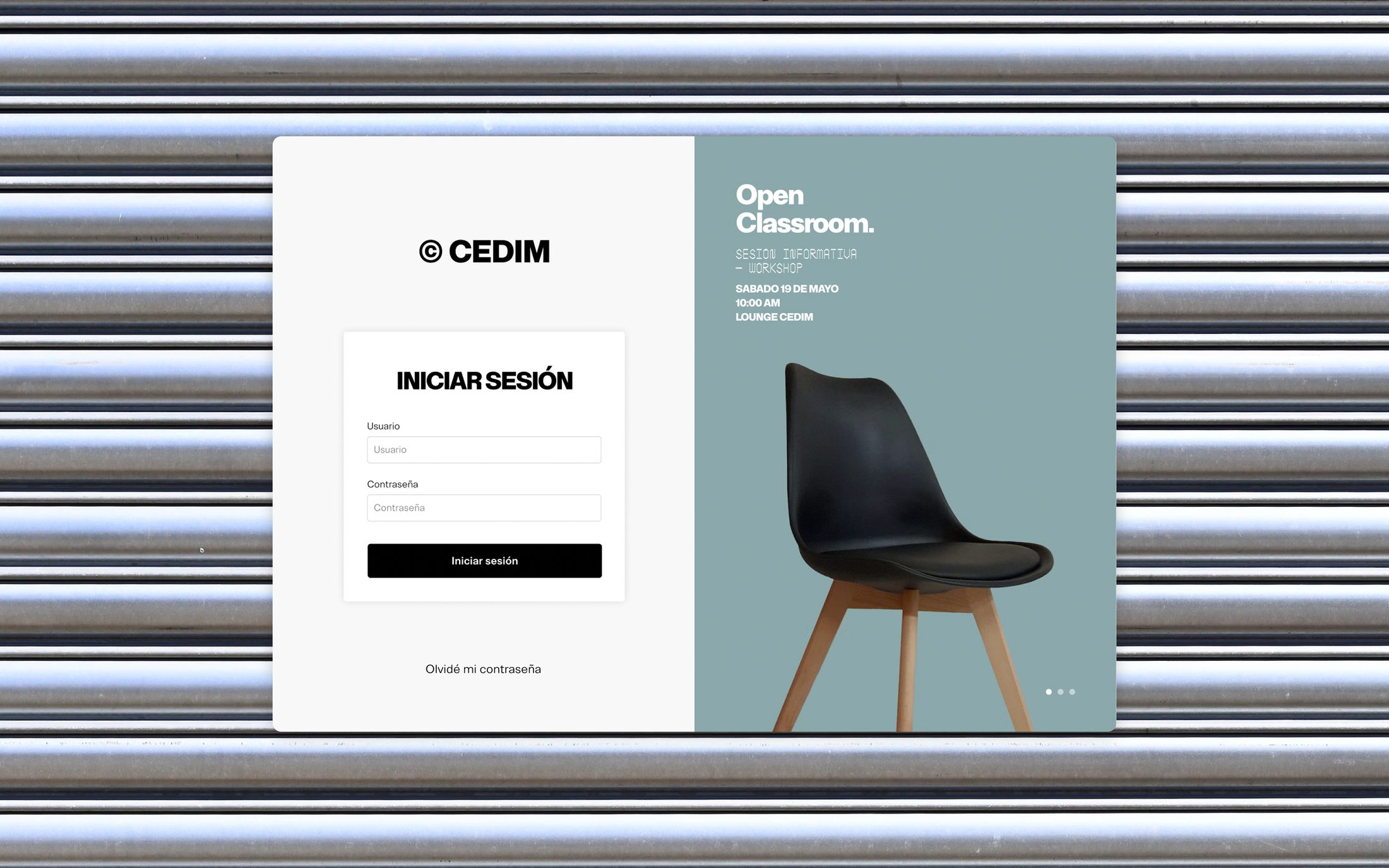 The redesigned CEDIM platform — a clean sign-in screen with the CEDIM wordmark, alongside an 'Open Classroom' campus announcement, shown over a brushed-metal backdrop.