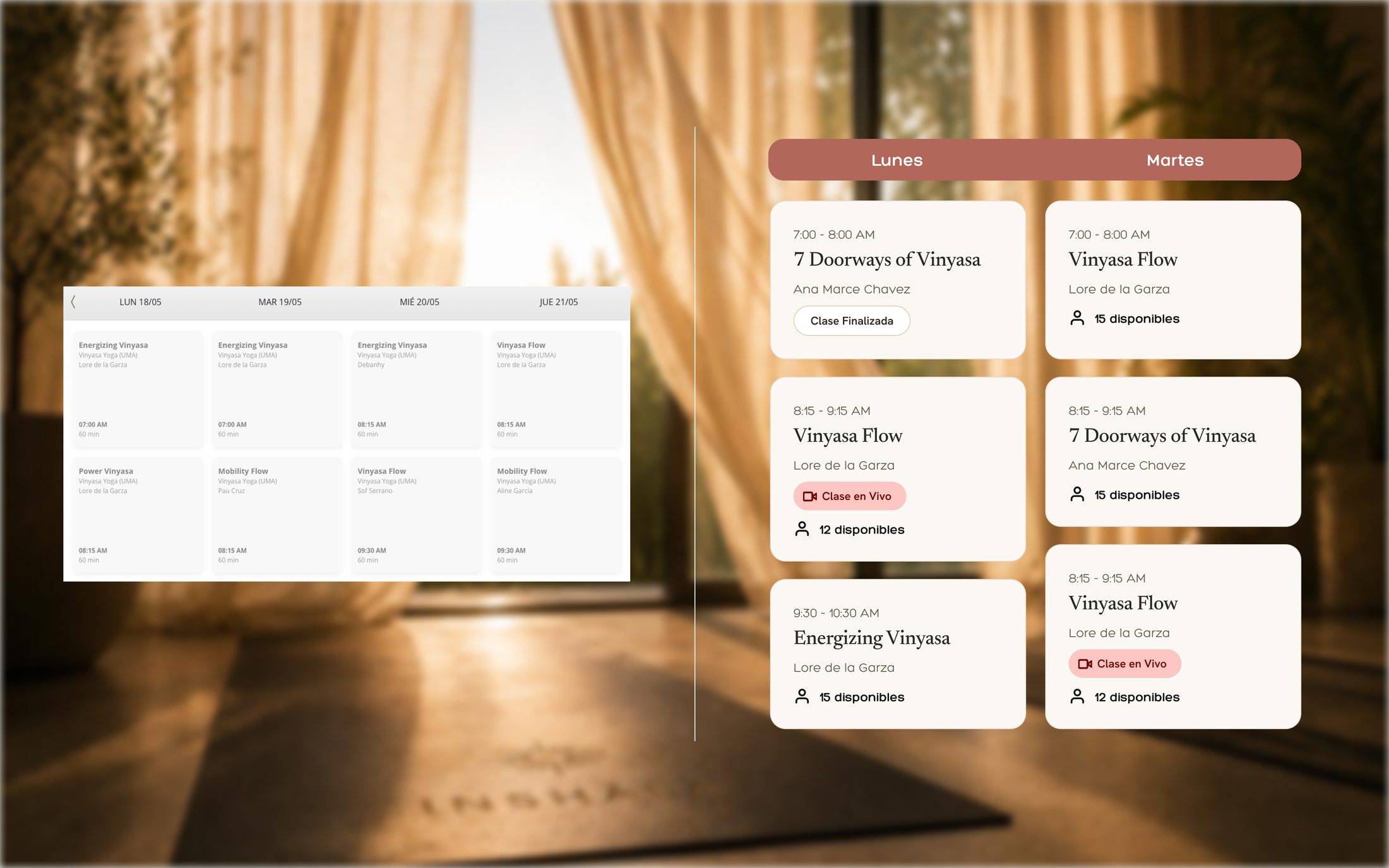 The same weekly class schedule shown twice: on the left a plain gray table like a generic booking tool, on the right the same classes rendered in the studio's own warm branding, type and color.