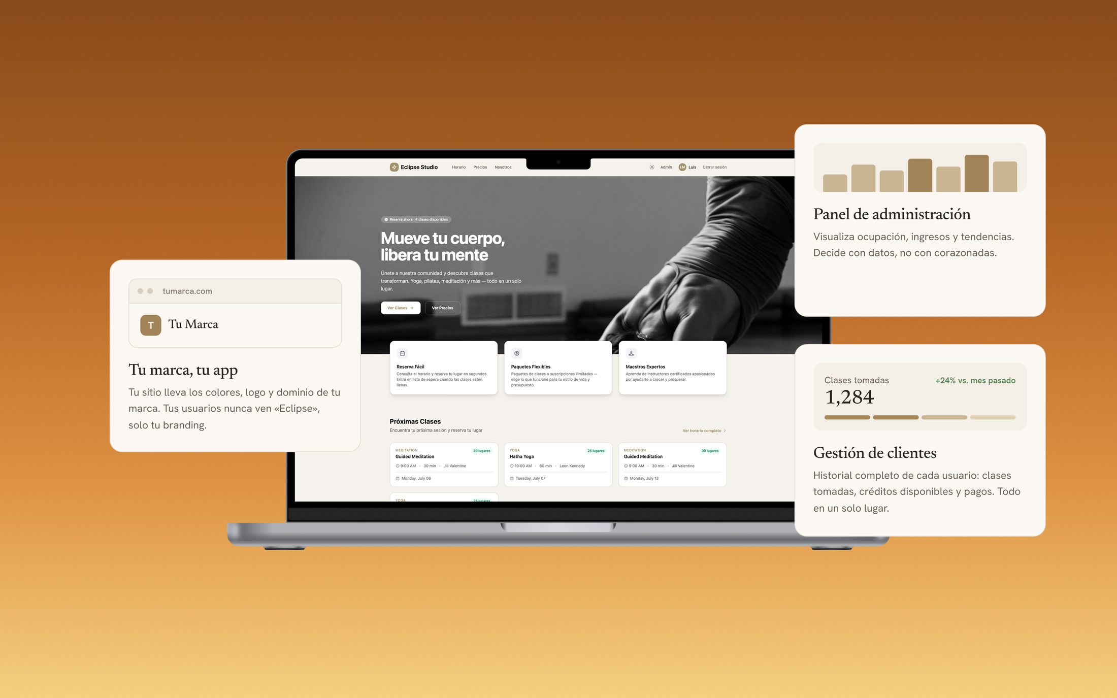 Eclipse running live for a studio — a member-facing booking site under the studio's own brand, framed by admin panels for scheduling, revenue and client management.