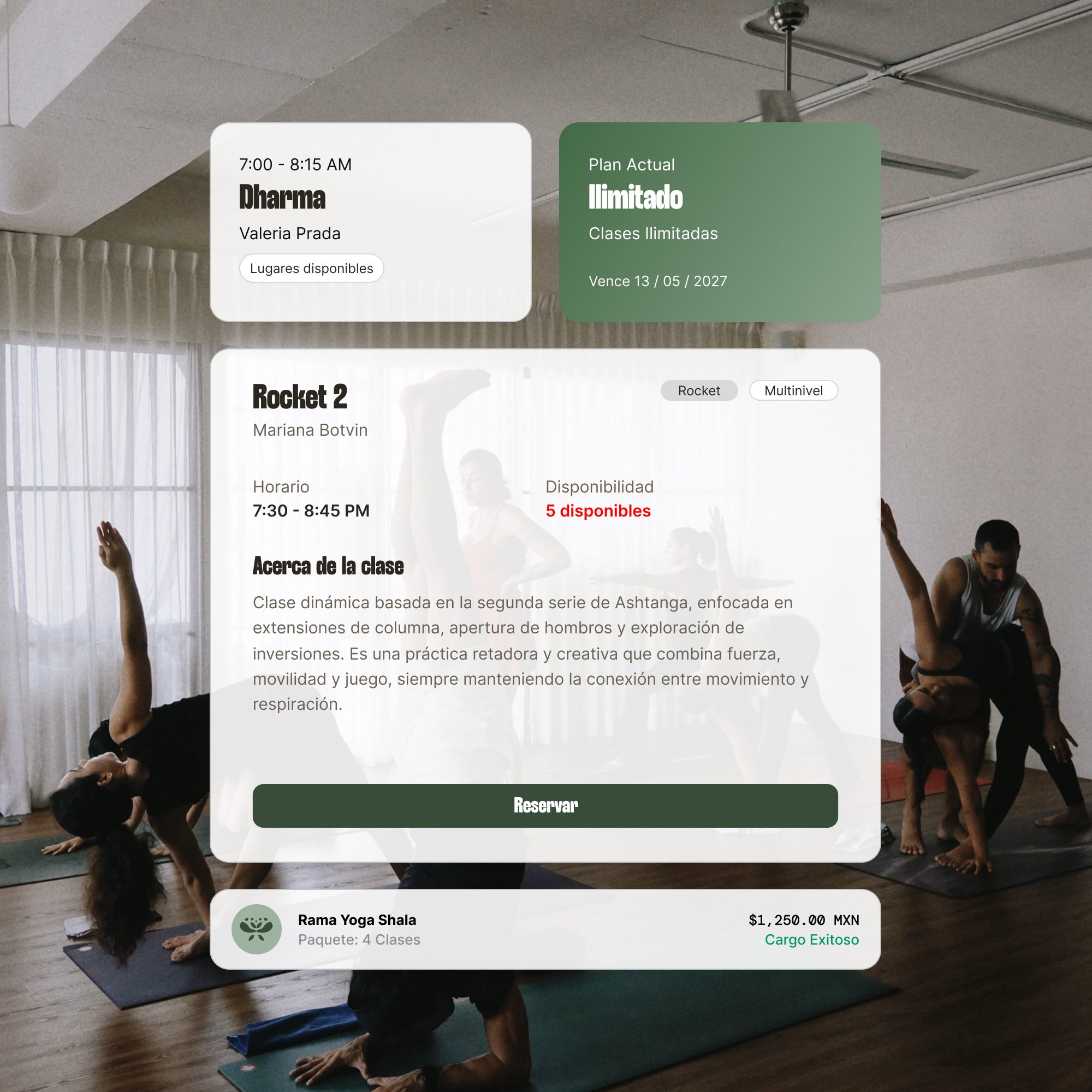 Eclipse touchpoints floating over a photo of a live yoga class — a booking card, an unlimited-membership pass, a full class detail with a branded Reservar button, and a successful payment receipt for Rama Yoga Shala.