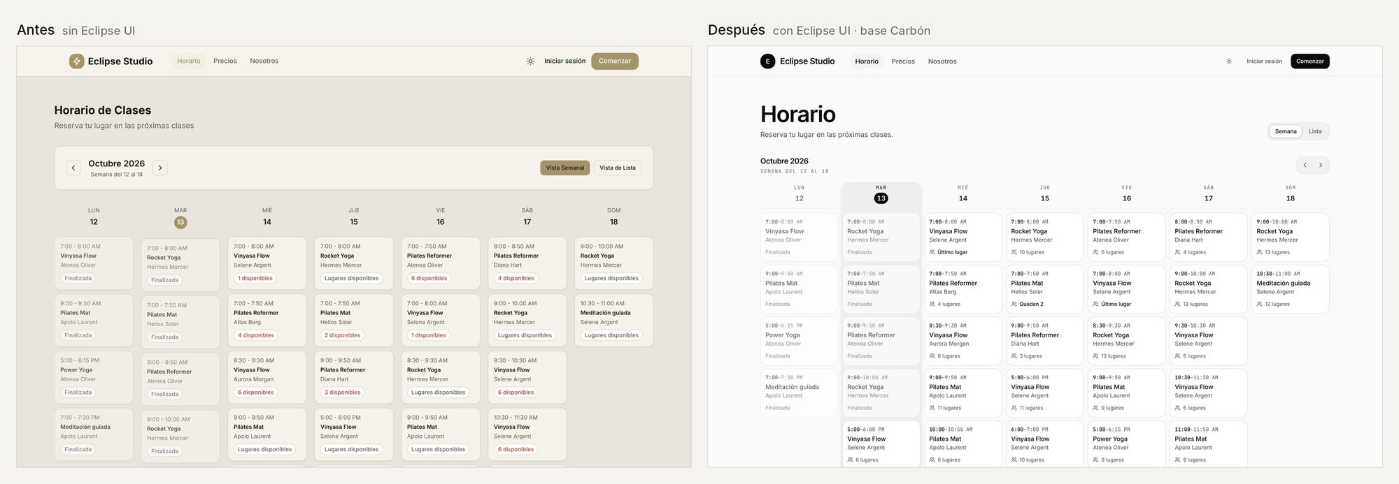 El horario semanal antes y después: el nuevo muestra el estado de cada clase con el ícono de personas y los lugares disponibles.