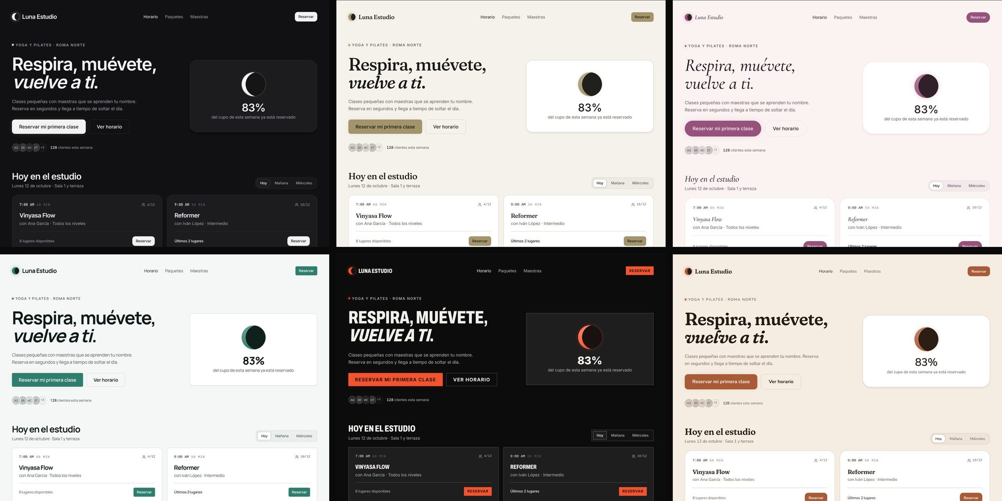 La misma página de estudio seis veces, una por personalidad de partida: oscura y clara, en oro, malva, verde, bermellón y terracota, con títulos serif, en cursiva y condensados.