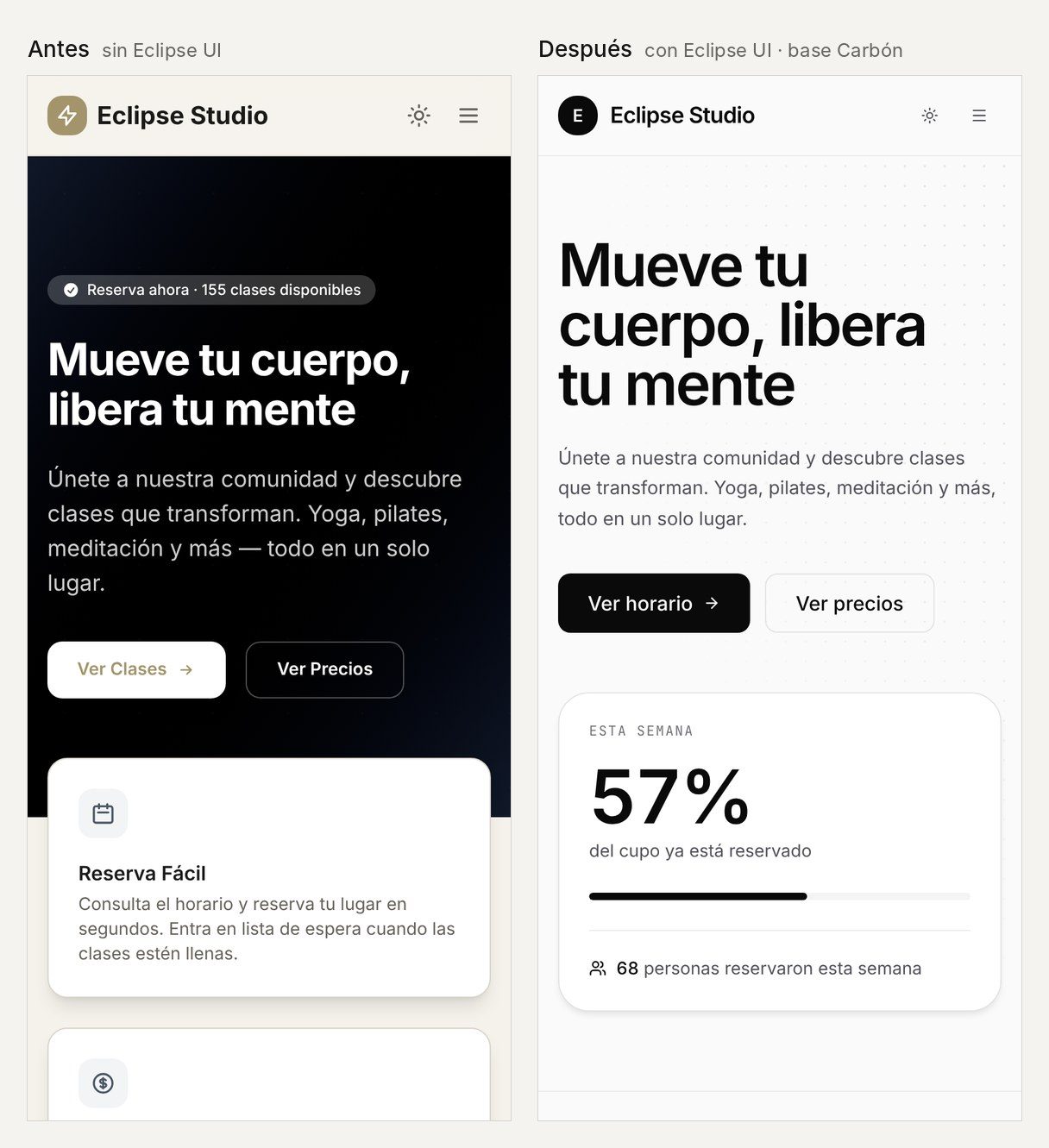La portada del estudio de la demo y una clase en el teléfono, antes y después.