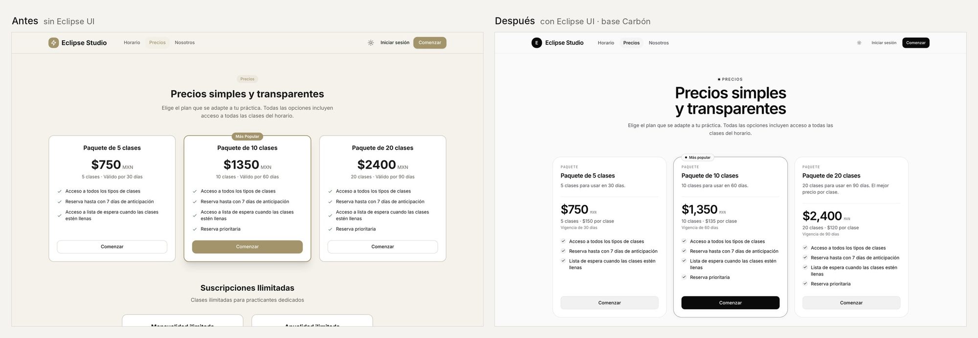 Los paquetes del estudio de la demo antes y después: las tarjetas nuevas suman el costo por clase y la vigencia.