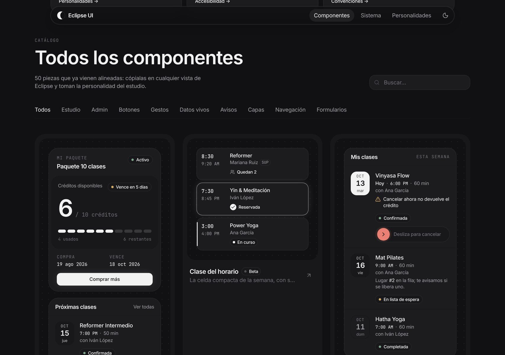 El catálogo de Eclipse UI: una rejilla de tarjetas de componentes, cada una con su demo en vivo.
