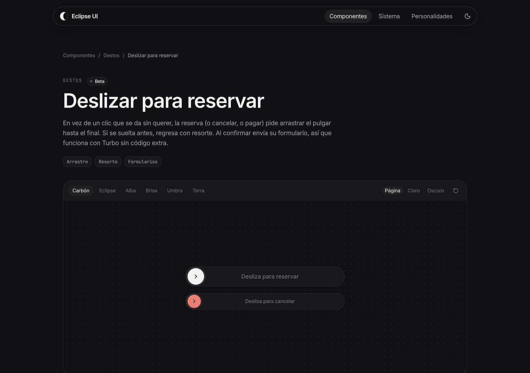 La ficha de un componente en el sitio de Eclipse UI, Deslizar para reservar, con un escenario que cambia de personalidad y de modo.