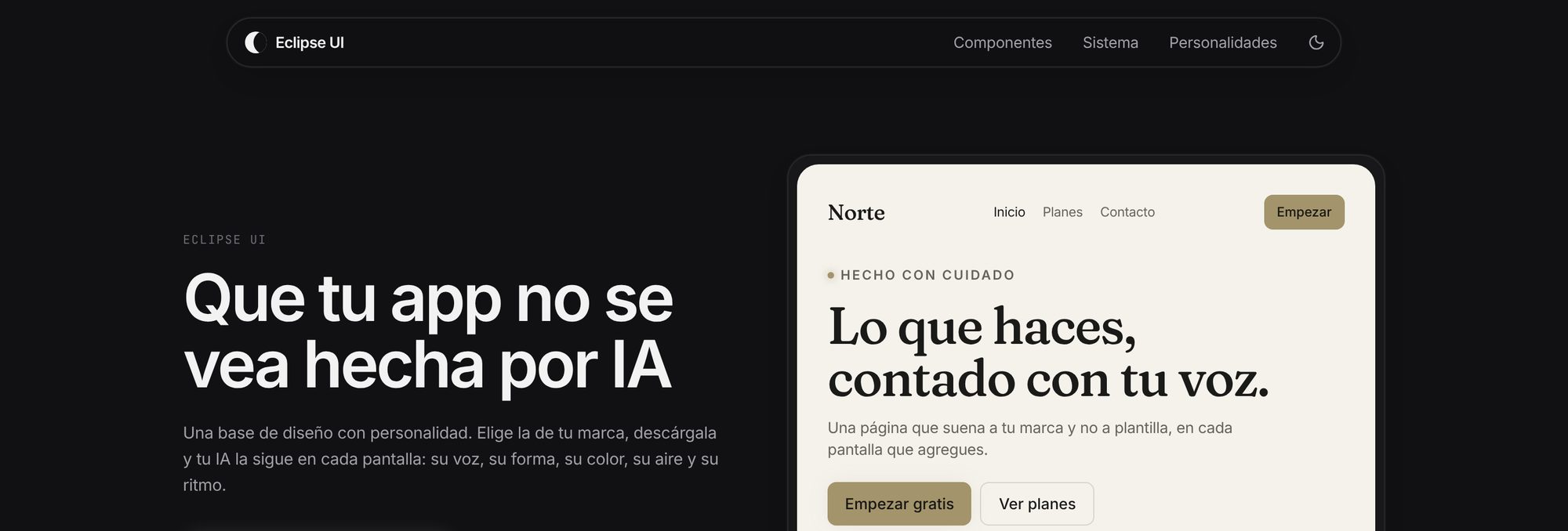 La portada del sitio de Eclipse UI: el titular 